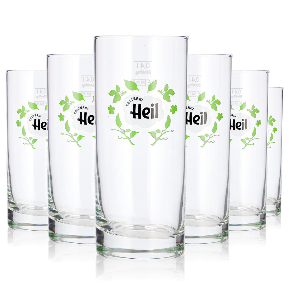 6x Kelterei Heil Apple Cider Glass, 0.4 L, Long Drink, Green Logo with Plants (Set of 6)