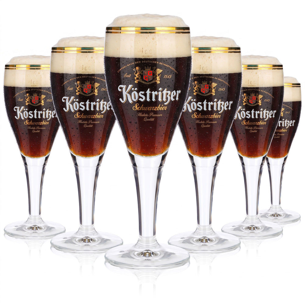 6 Köstritzer Beer Glasses, 0.3 L, Goblet-Style, Dark Beer Glasses with Two Gold Rims