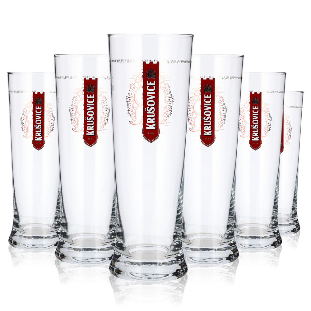 6 Krusovice Beer Glasses, 0.4 L, Goblet-Style, Two Red Logos, Sahm