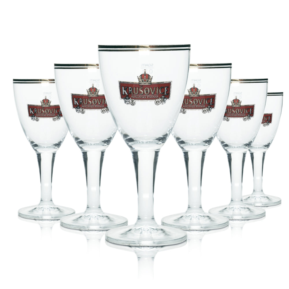 6x Krusovice Glass 0.3l Beer Trophy Goblet Glasses Gold Rim Czeck Dark Black