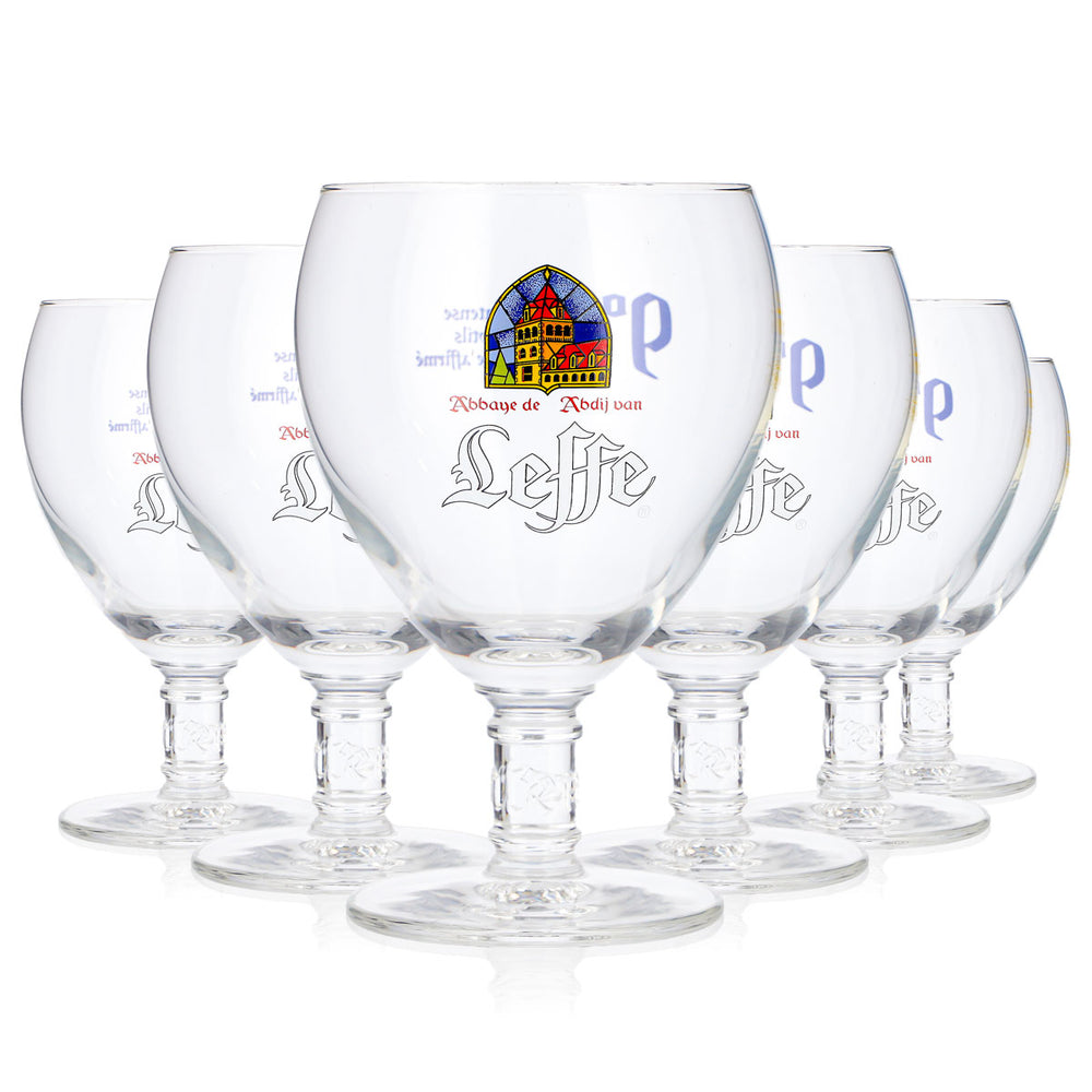 6 Leffe Beer Glasses, 0.33 L, Tulip Shape, Blue Lettering on the Back, Trophy-Style Beer Glasses (Set of 6)