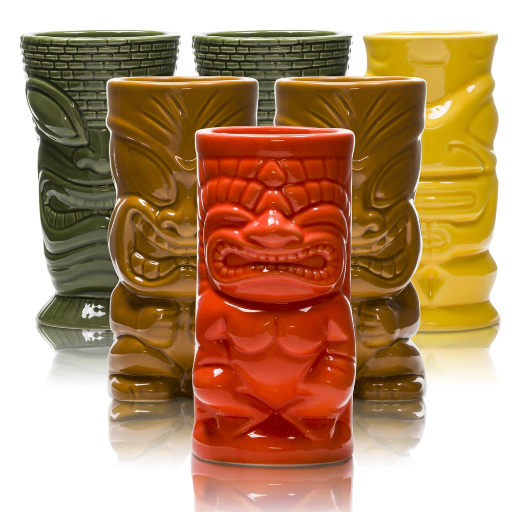 6x Mahiki Rum Glass Mug Colorful 2 green + 2 brown + 1 red + 1 yellow