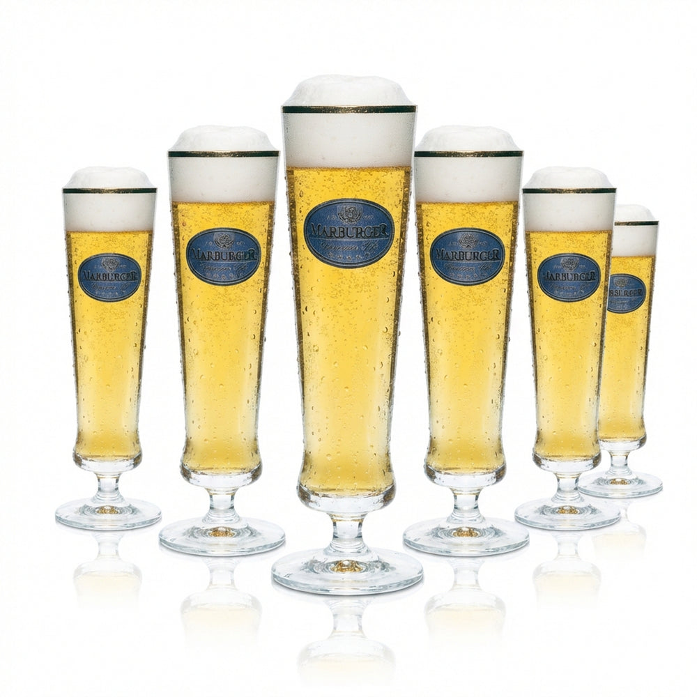 6x Marburger glass 0.2l beer trophy tulip gold rim glasses brewery calibrated catering