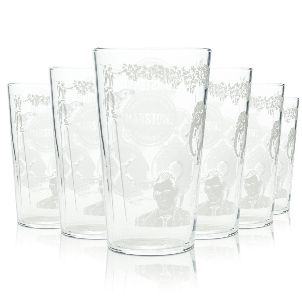 6x Marston's Beer Glass 0.5l Mug Pint Engraved Glasses English Beer Willi Cup
