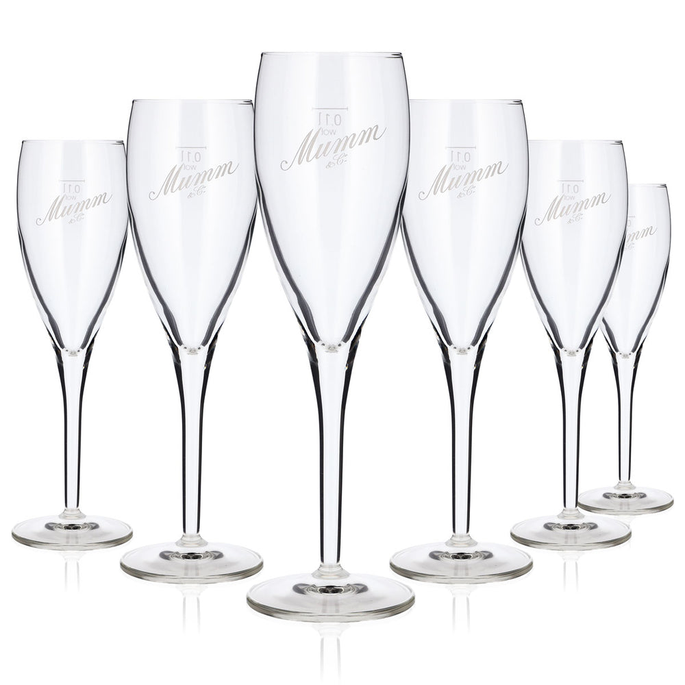 6 Mumm Sparkling Wine/Champagne Flutes, 0.1 L, with white, angled Mumm & Co. logo (set of 6)