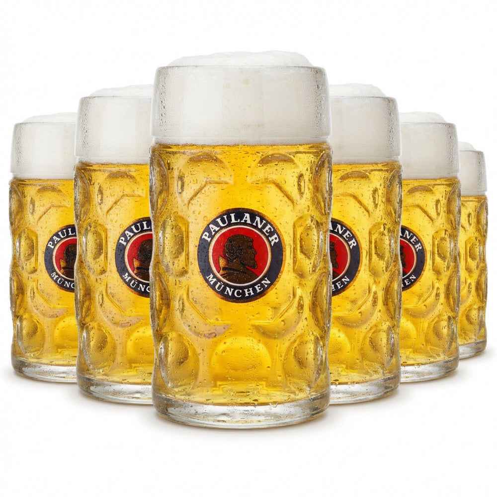 6x Paulaner beer mug glass - 1.0 l Punktseidel tankard glass set with calibration mark for catering