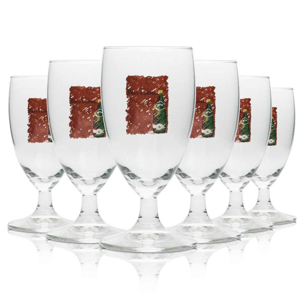 6x Perrier soft drink glass goblet, various designs