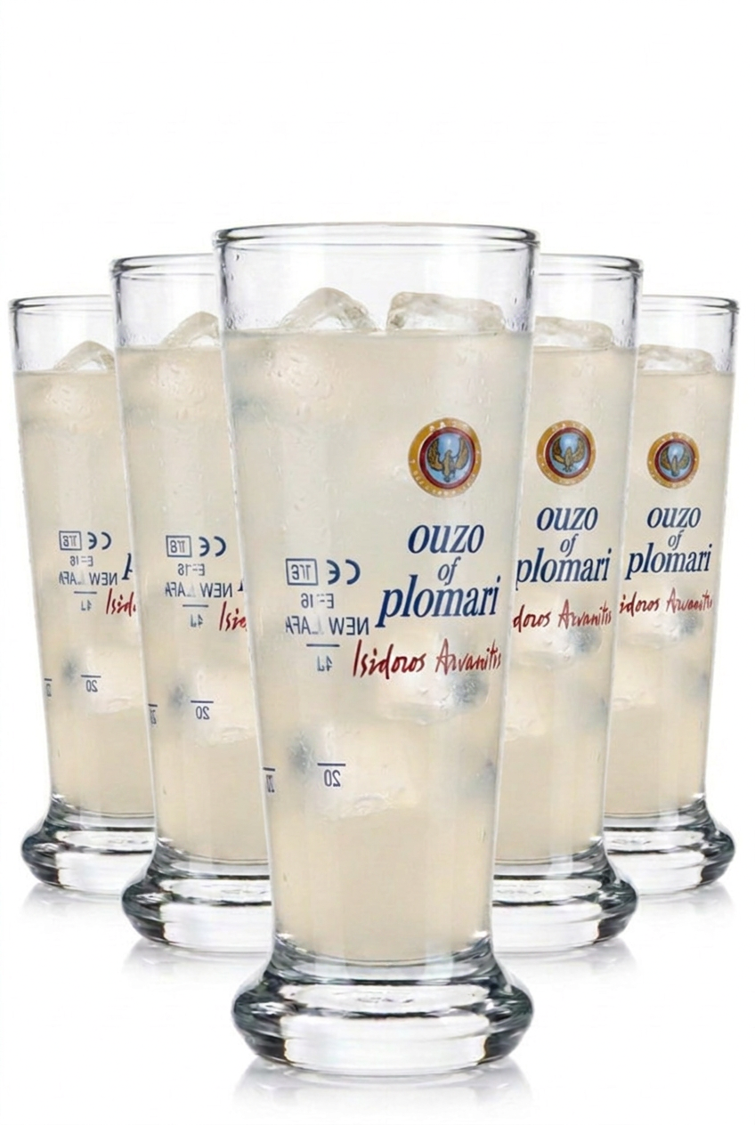 Set of 6 Plomari Ouzo shot glasses with 2+4 cl measurement marks for the food service industry and professional use