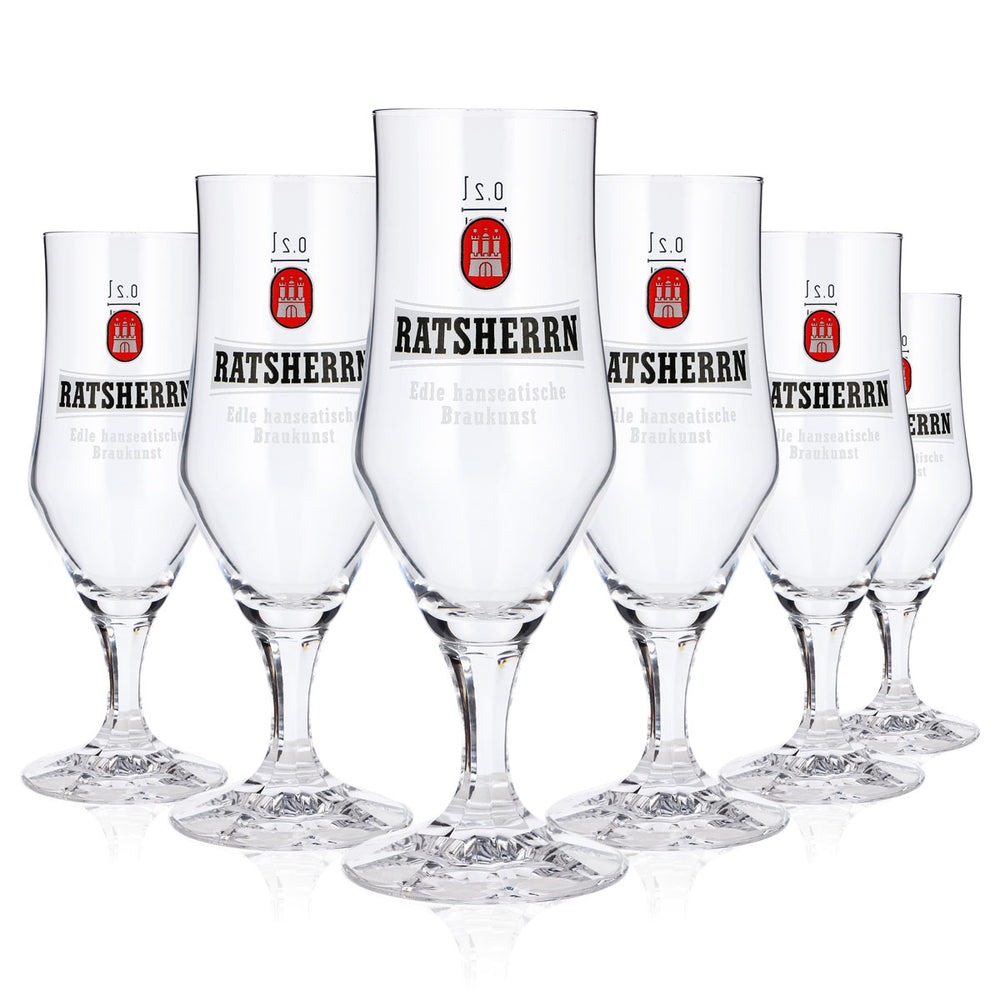 6x Ratsherrn Beer Glasses, 0.2 L, Goblet-Style, Square Stem, White Rastal Logo (Set of 6)
