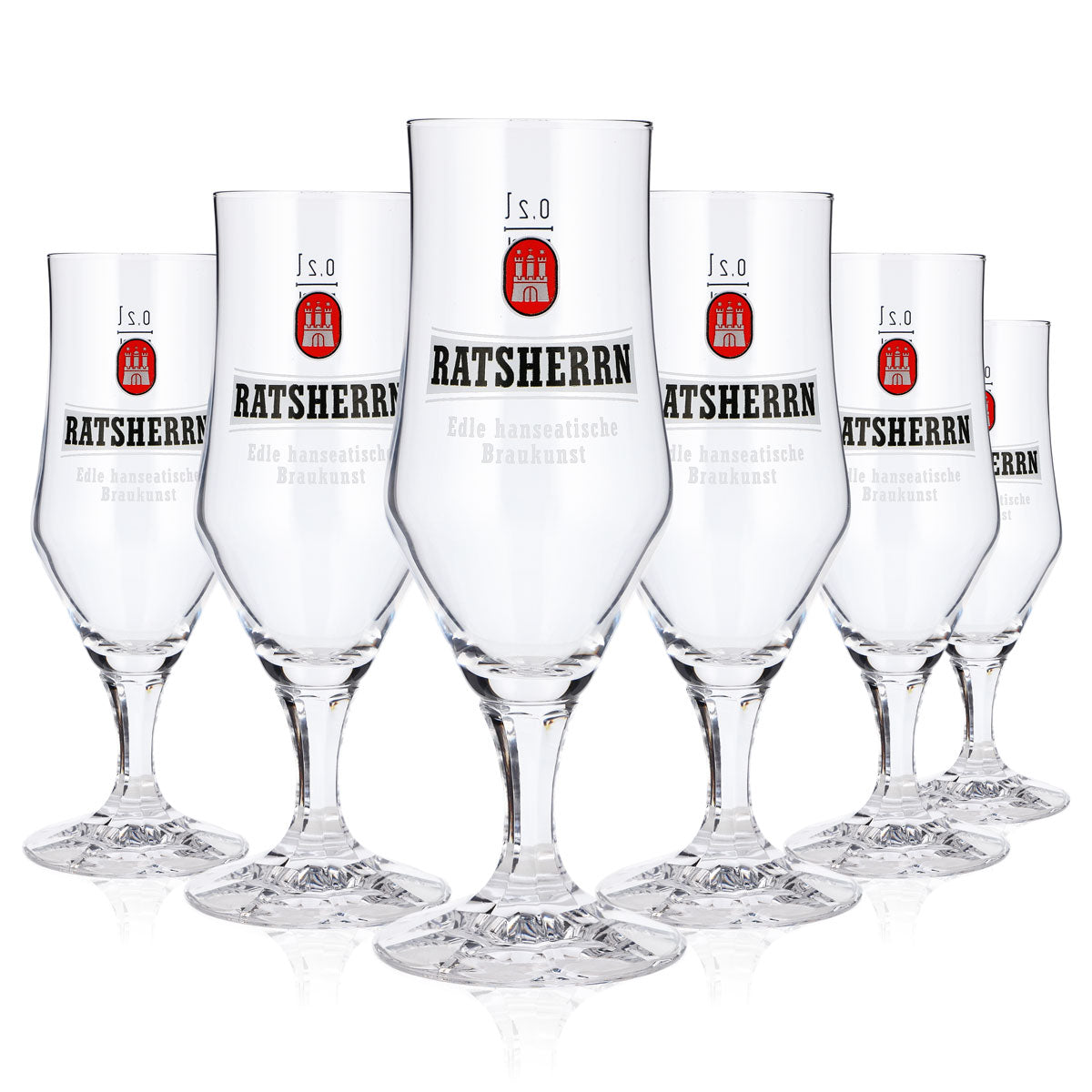 6x Ratsherrn Beer Glasses, 0.2 L, Goblet-Style, Square Stem, White Rastal Logo (Set of 6)