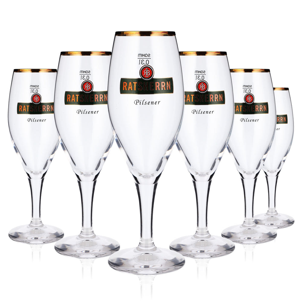 6 Ratsherrn Beer Glasses, 0.3 L, Goblet-Style, Green Logo, Pilsener, Gold Rim (Set of 6)
