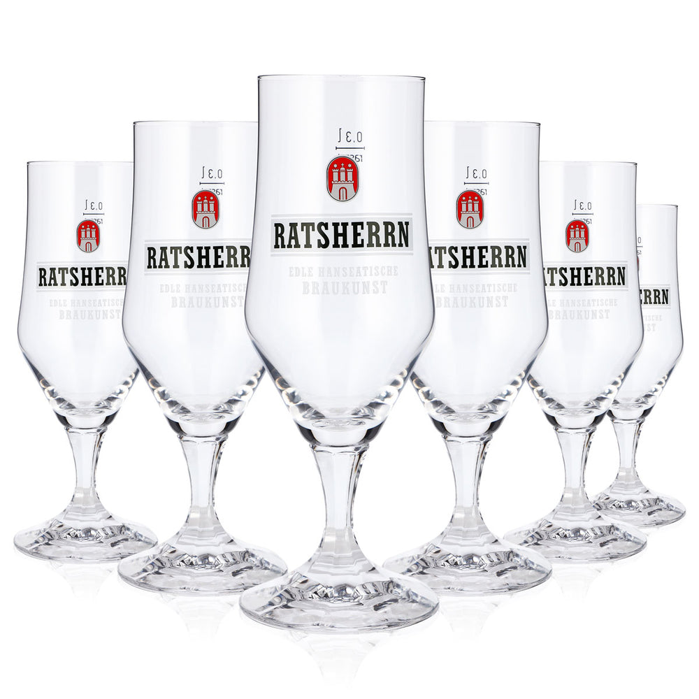 6x Ratsherrn Beer Glasses, 0.3 L, Goblet-Style, White Logo, Rastal Beer Glass, Pint (Set of 6)