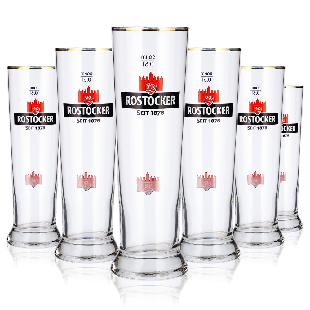 6 Rostock Beer Glasses, 0.5 L, Goblet-Style, Red Castle Logo, Gold Rim, Sahm