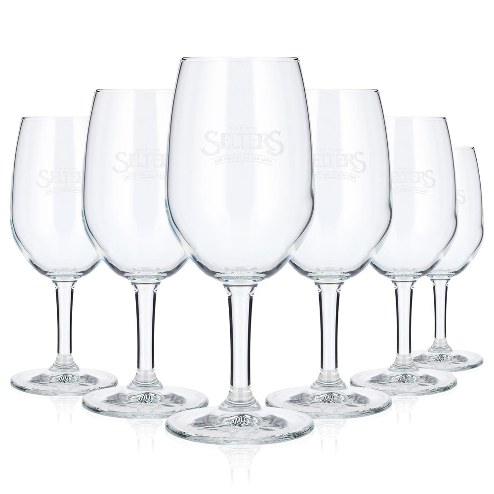 6x Selters Water Glass, 0.3 L, Goblet, Relief, White Logo (Set of 6)