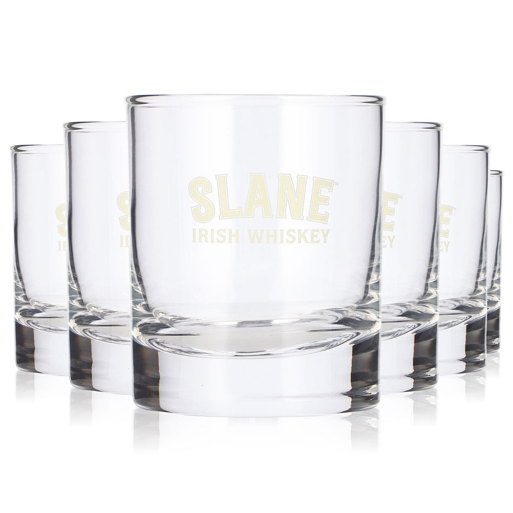 6 Slane Whiskey Glasses, 0.2 L Tumblers with Yellow Logo, Rocks Whiskey Glasses