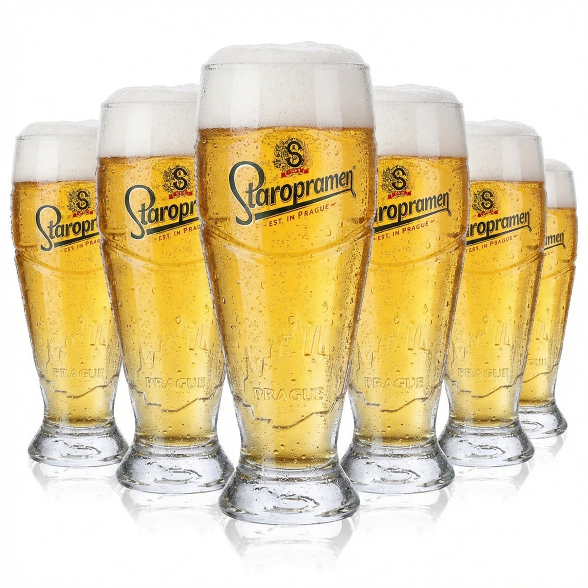6x Staropramen Beer Relief Glasses Trophy Glass 0.3l Tumblers Prague Skyline