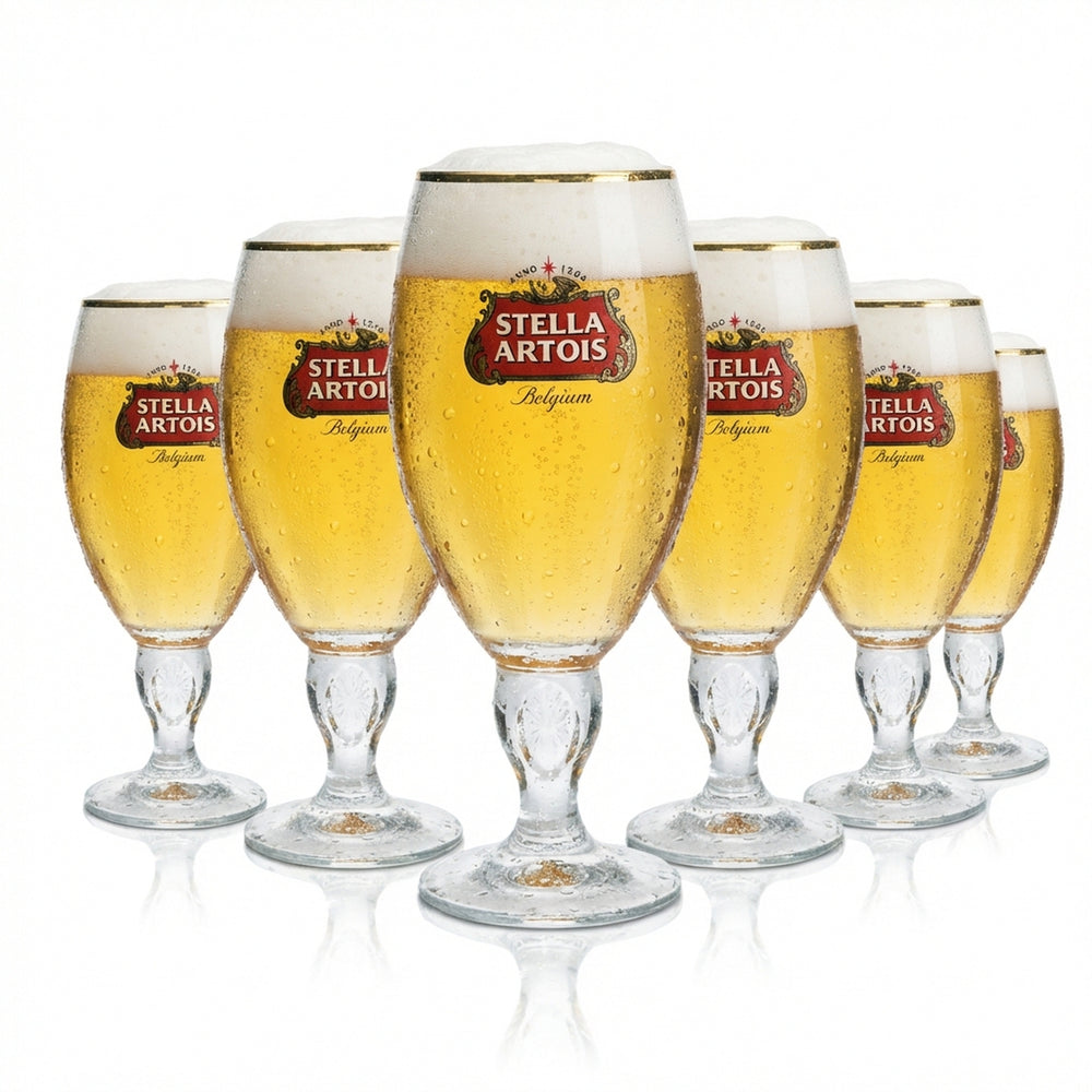 6x Stella Artois Beer Glass 0.5l Goblet Cup Tulip Gold Rim Design Stem Glasses Beer