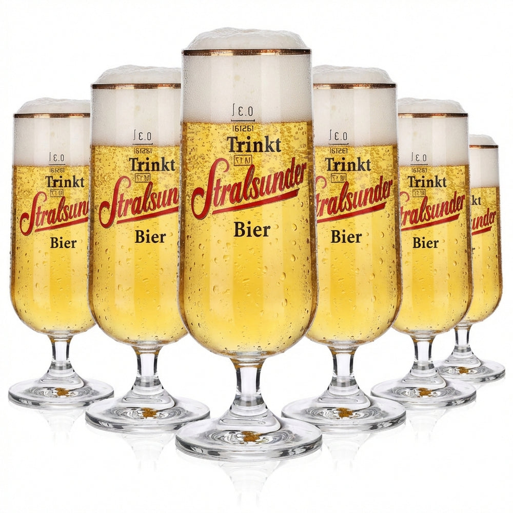 6x Stralsunder glass 0.3l gold rim beer trophy glasses set, Pilstulpe Hanse Brewery