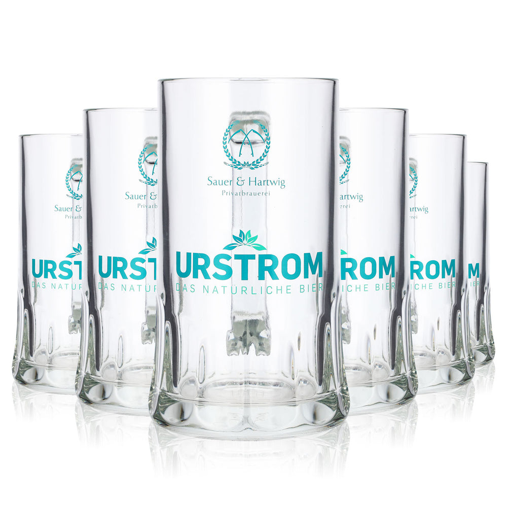 6 Urstrom Beer Glasses, 0.5 L, Turquoise Logo, Rastal Sauer Hartwig