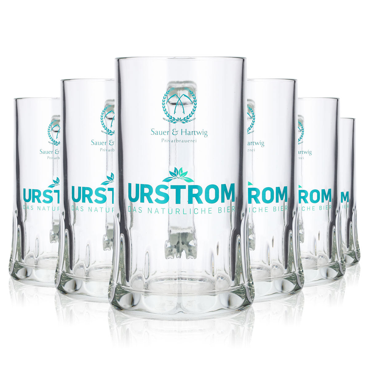 6 Urstrom Beer Glasses, 0.5 L, Turquoise Logo, Rastal Sauer Hartwig
