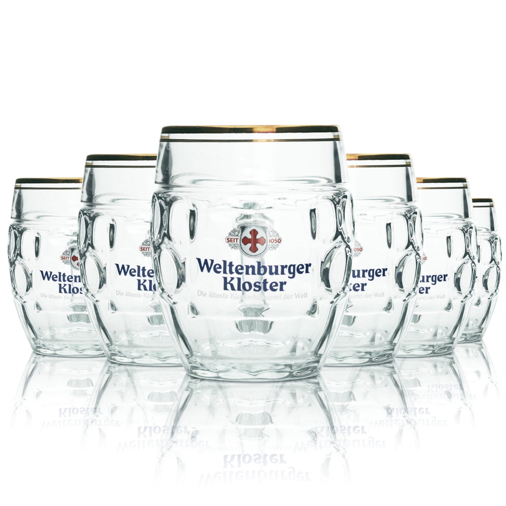6x Weltenburger Kloster Beer Glass 0.4l Mug Tankard Seidel Gold Rim Glasses Oak