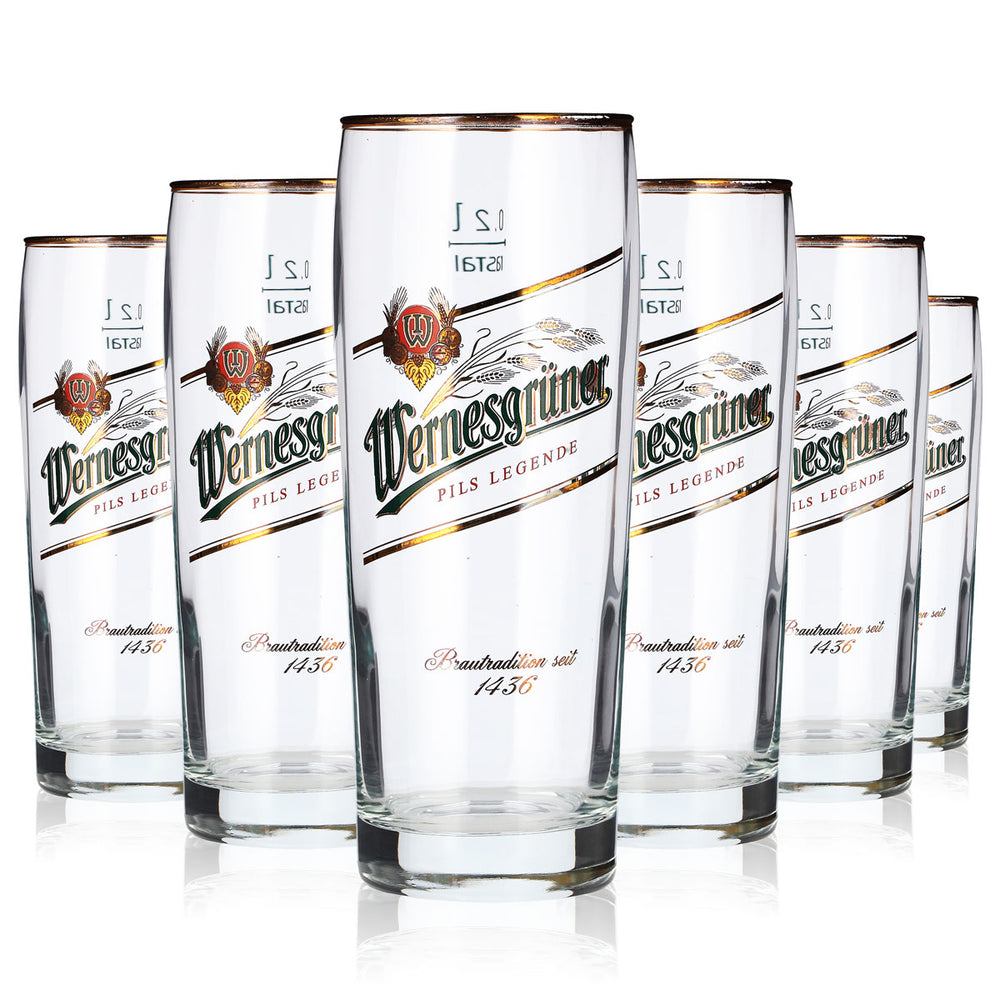 6 Wernesgrüner Beer Glasses, 0.2 L, Gold-Rimmed Rastal Beer Glass (Seidel)