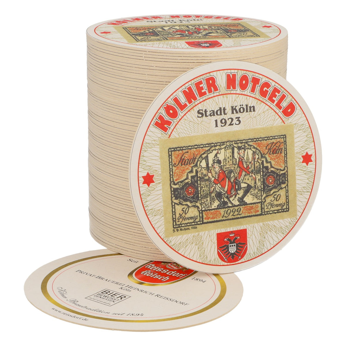 80x Reissdorf beer coaster "Cologne emergency money" 50 pfennig V1
