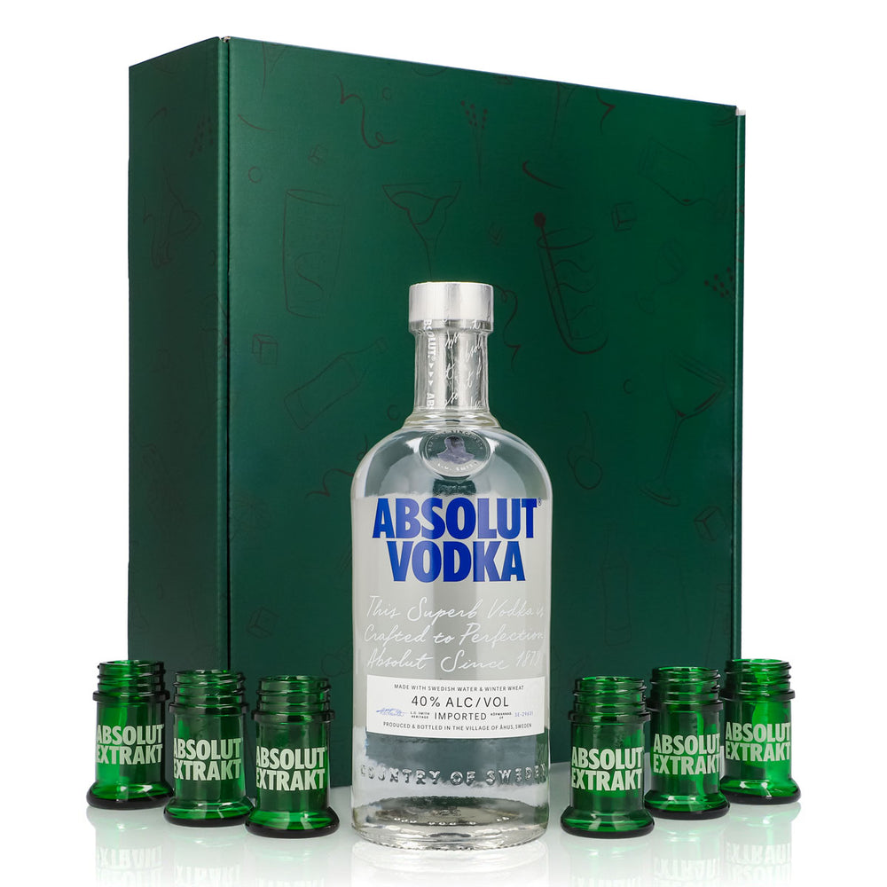 Absolut Vodka Geschenkset 0,7l Flasche 40 % Vol. + Shotgläser Extrakt–Grün