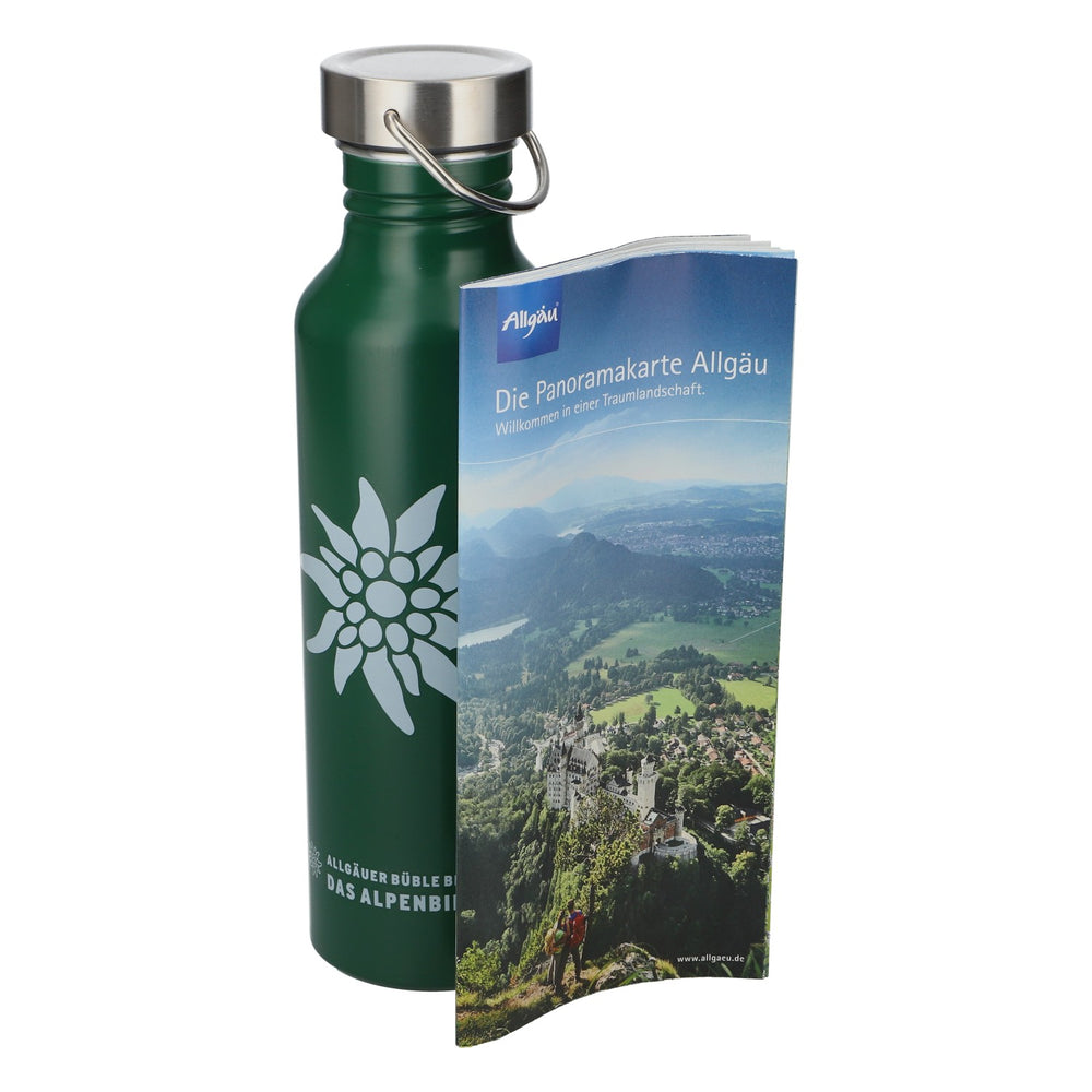 Allgäuer Büble Beer Water Bottle, Green Metal, 0.7 L, Edelweiss, NEW, Outdoor Bottle