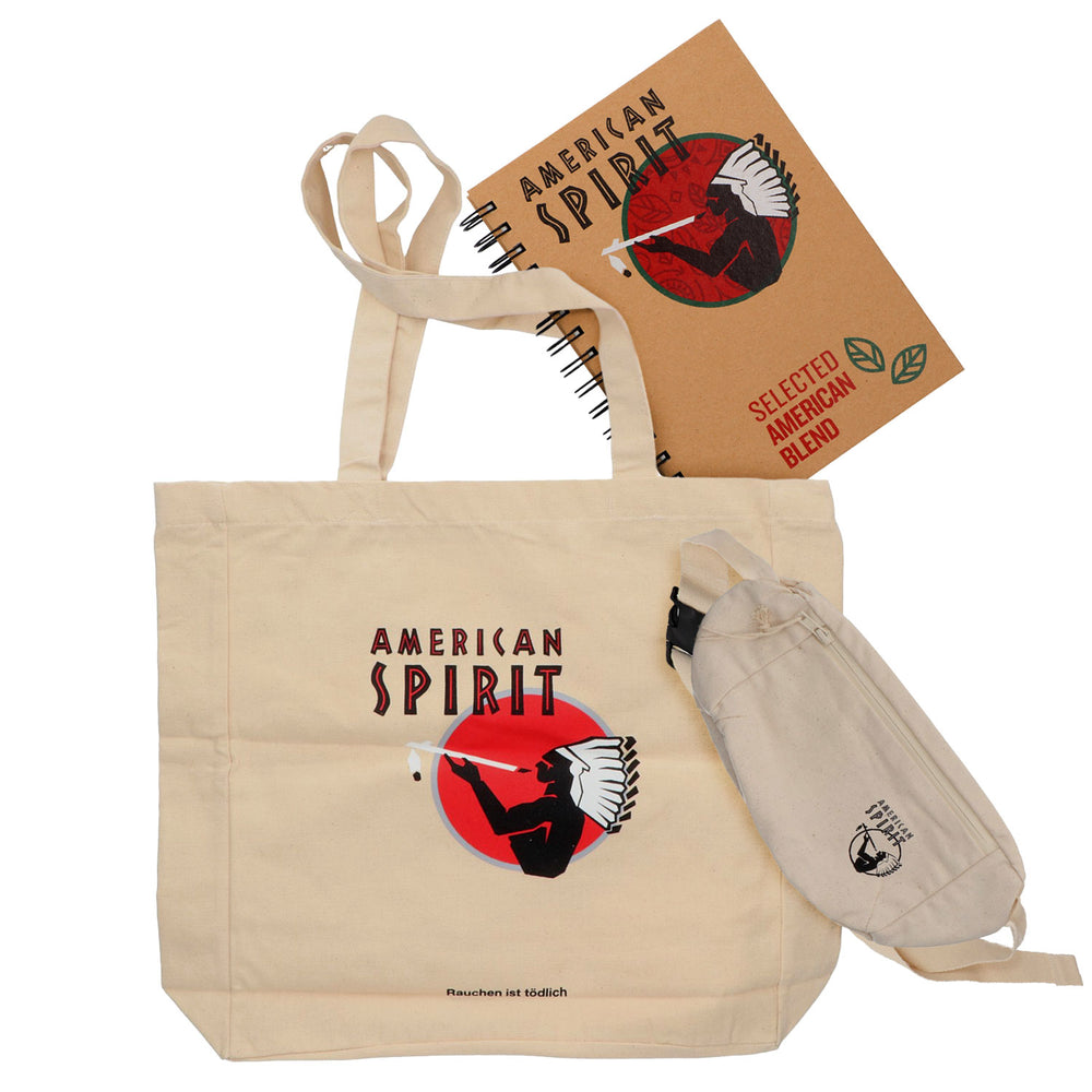American Spirit Fan Bundle Set consisting of a fanny pack, jute bag, and notepad