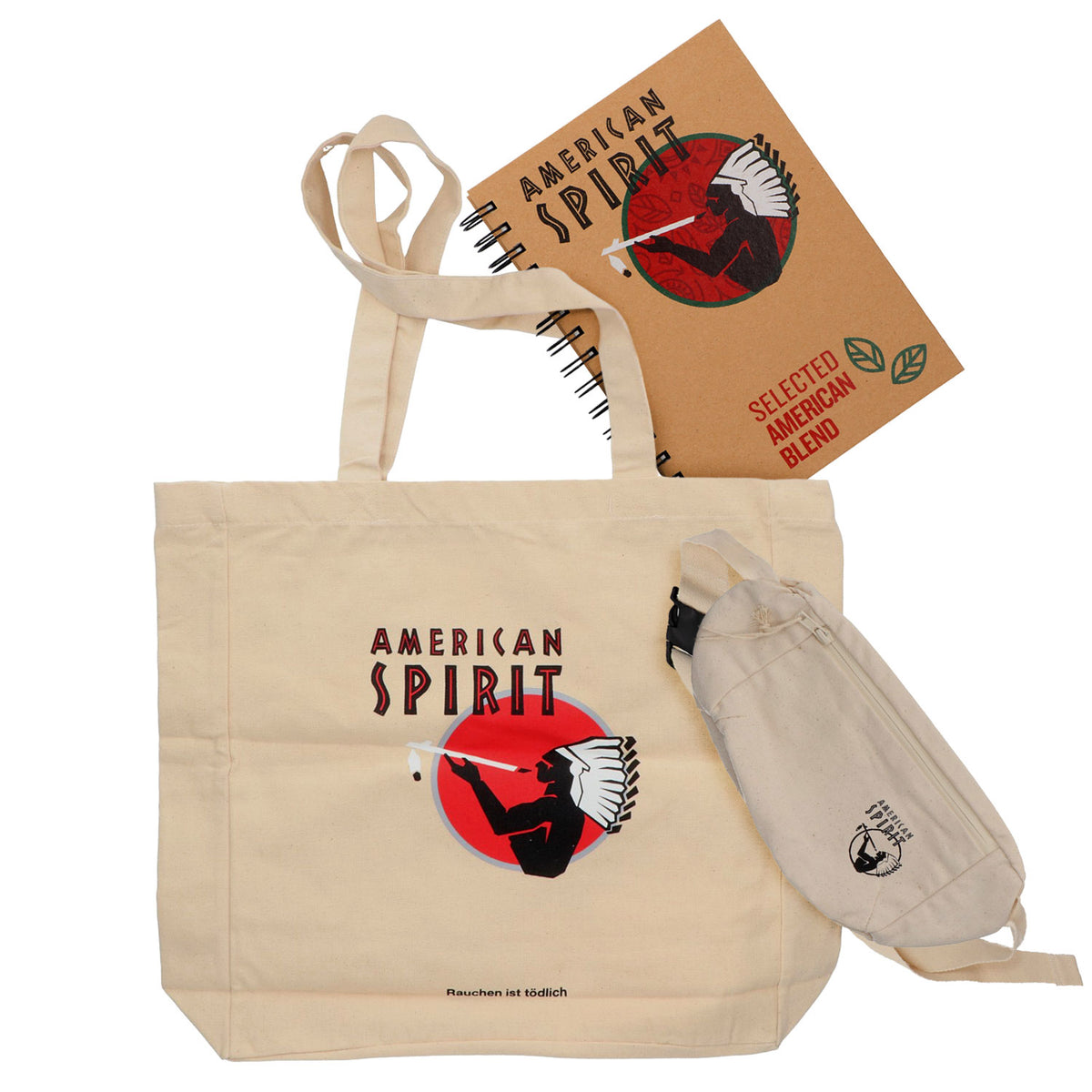 American Spirit Fan Bundle Set consisting of a fanny pack, jute bag, and notepad