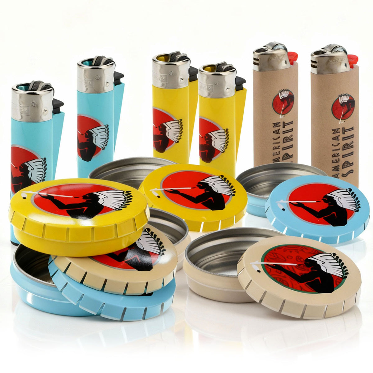 American Spirit Smoker Bundle Set consisting of 4x Clipper lighters, 2x Bic lighters, and 6x ashtrays