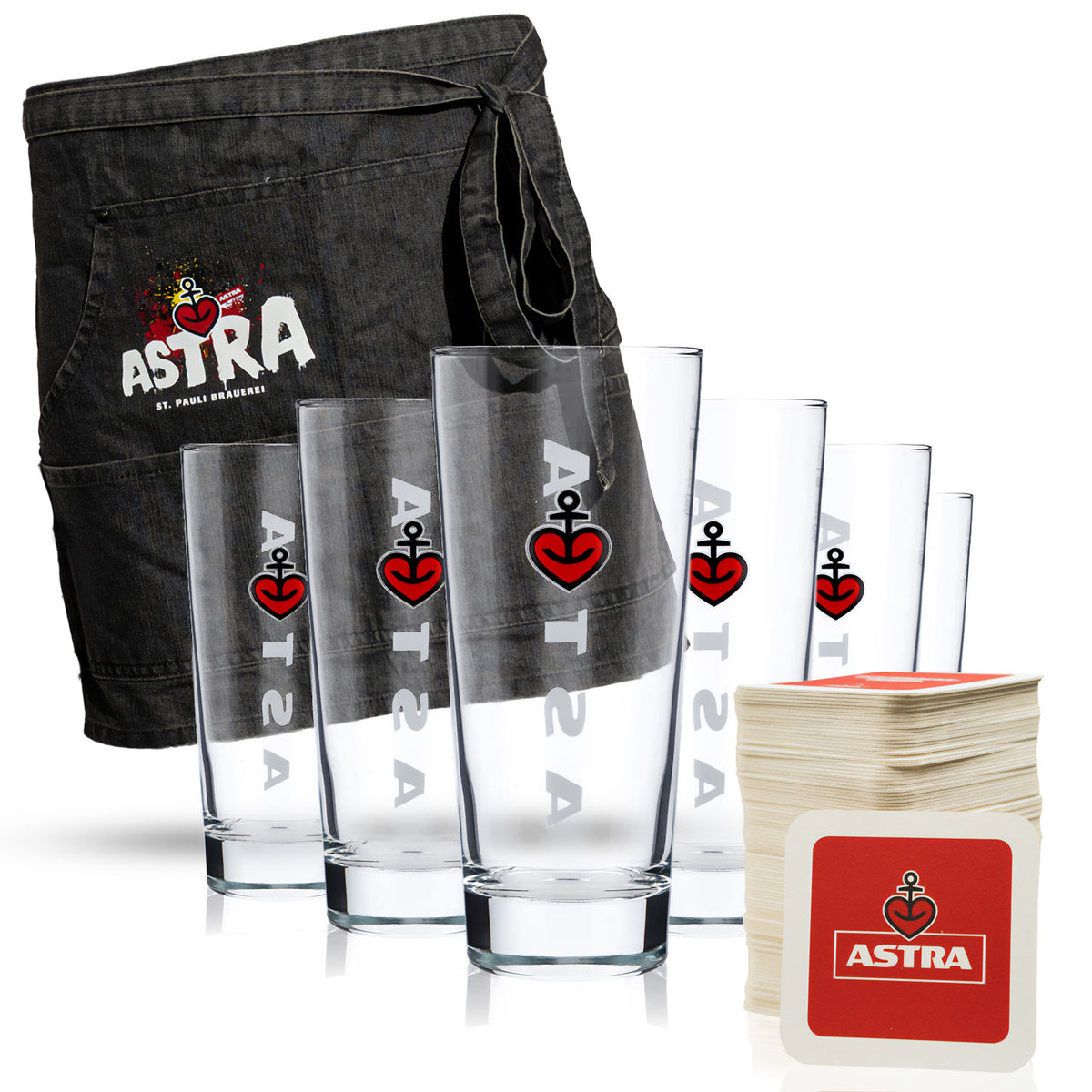 Astra Beer Bar Bundle Set consisting of beer coasters, beer glasses, and a barbecue apron