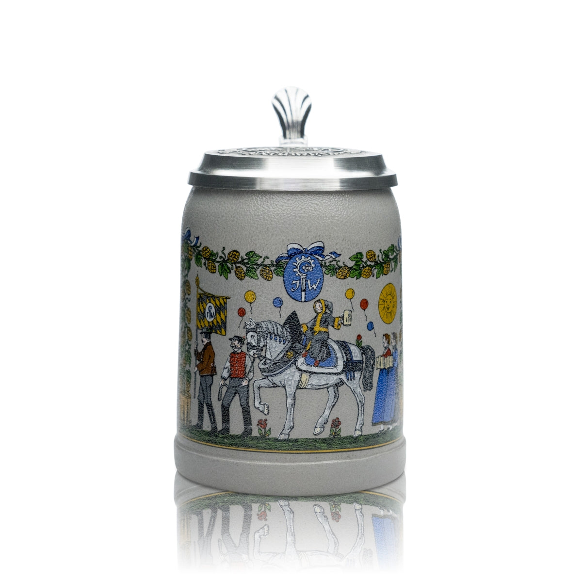 Augustiner collector's glass 0.5 l mug with horseman and pewter lid, Bavaria, rare