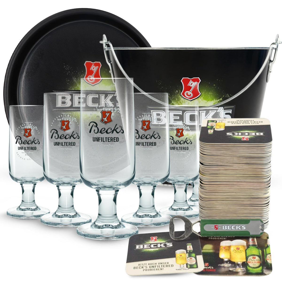 Becks Beer Bar Bundle Set I consisting of 6 beer glasses, beer coasters, cooler, bottle opener, tray