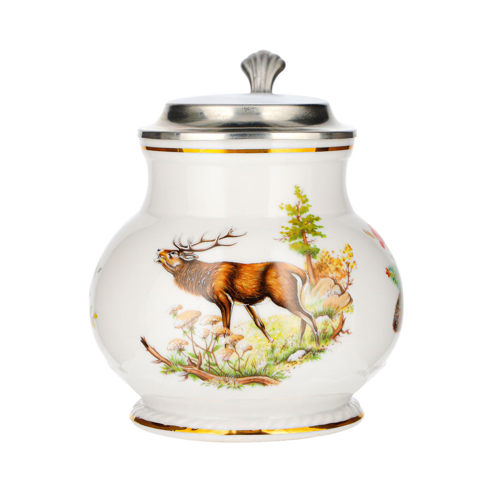 Beer Mug with Pewter Lid, Deer Motif, Ceramic, Glass, Earthenware, Collectible, Retro