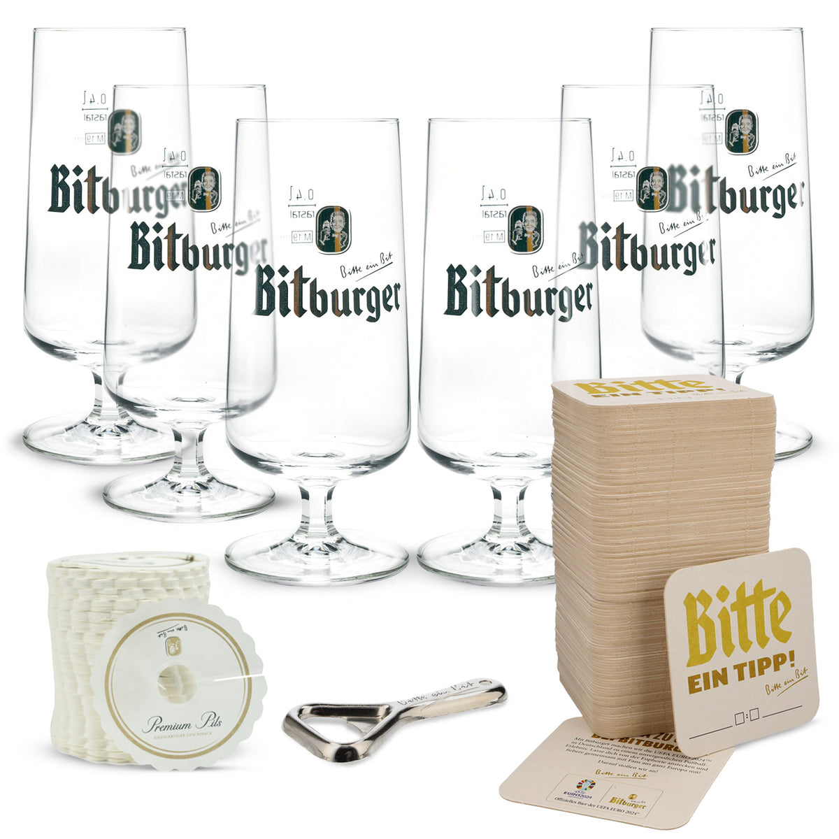 Bitburger Beer Bundle Bar Set II consisting of 6x goblet glasses, bottle opener, beer mat, drip tray
