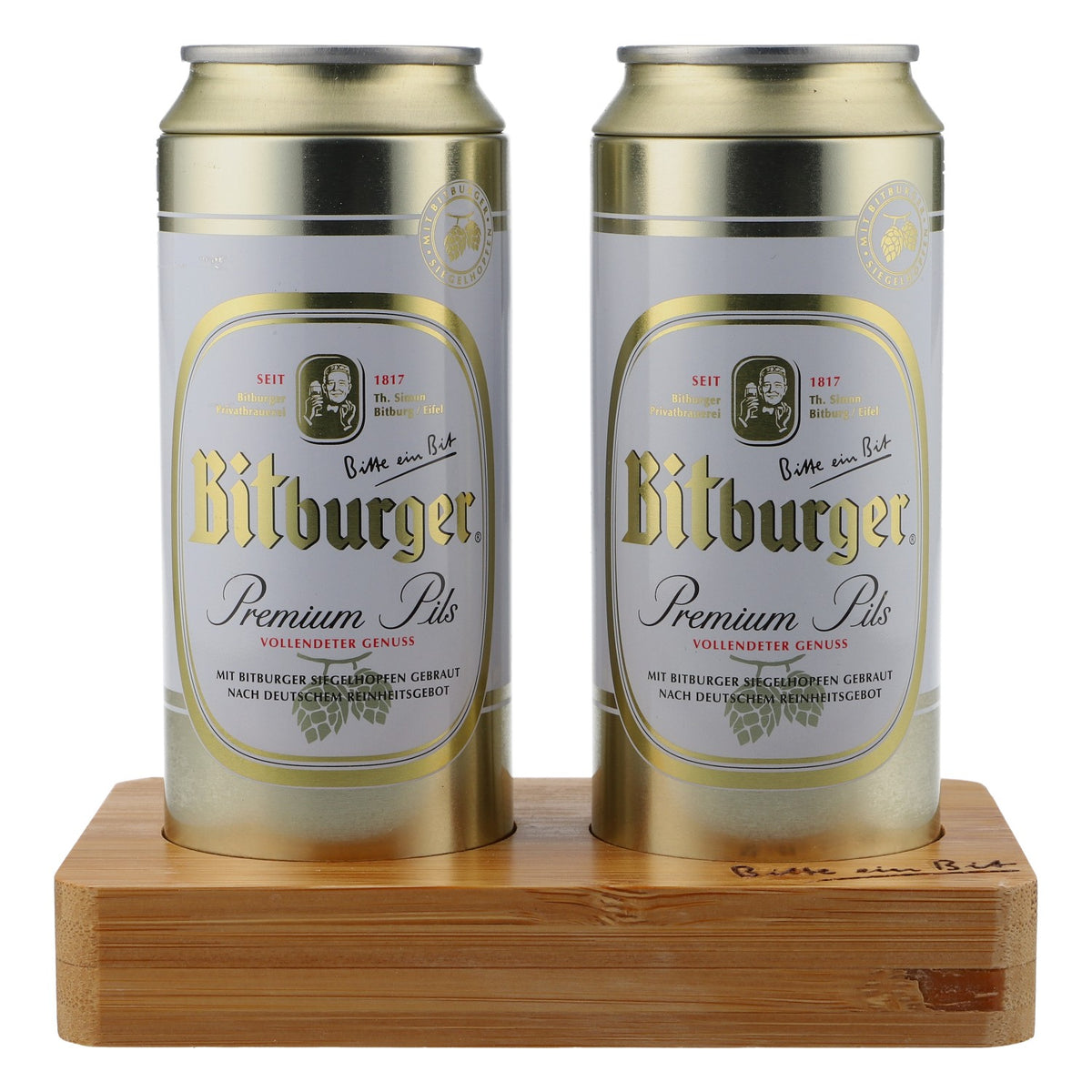 Bitburger beer salt and pepper shakers as beer cans on a bamboo tray
