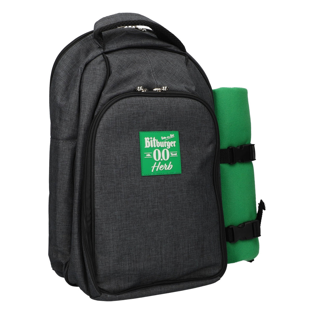 Bitburger Picnic Backpack BBQ Cooler Set with Blanket, Plates, and Cutlery (Gray)