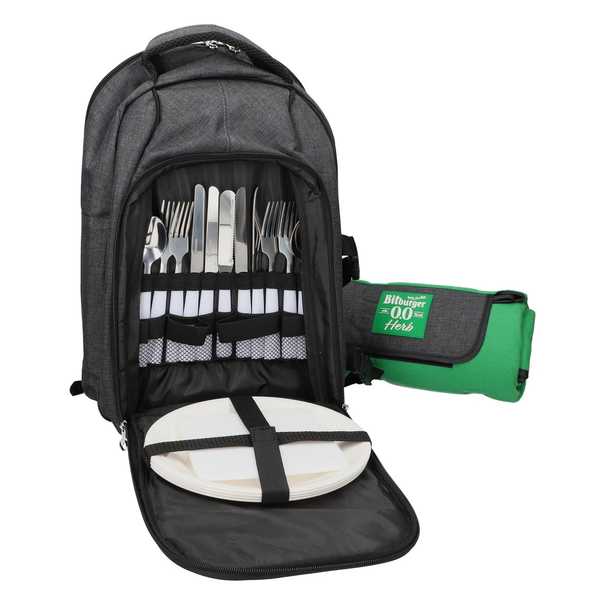 Bitburger Picnic Backpack BBQ Cooler Set with Blanket, Plates, and Cutlery (Gray) – View 4