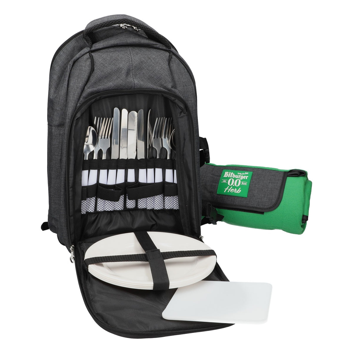 Bitburger Picnic Backpack BBQ Cooler Set with Blanket, Plates, and Cutlery (Gray) – View 5