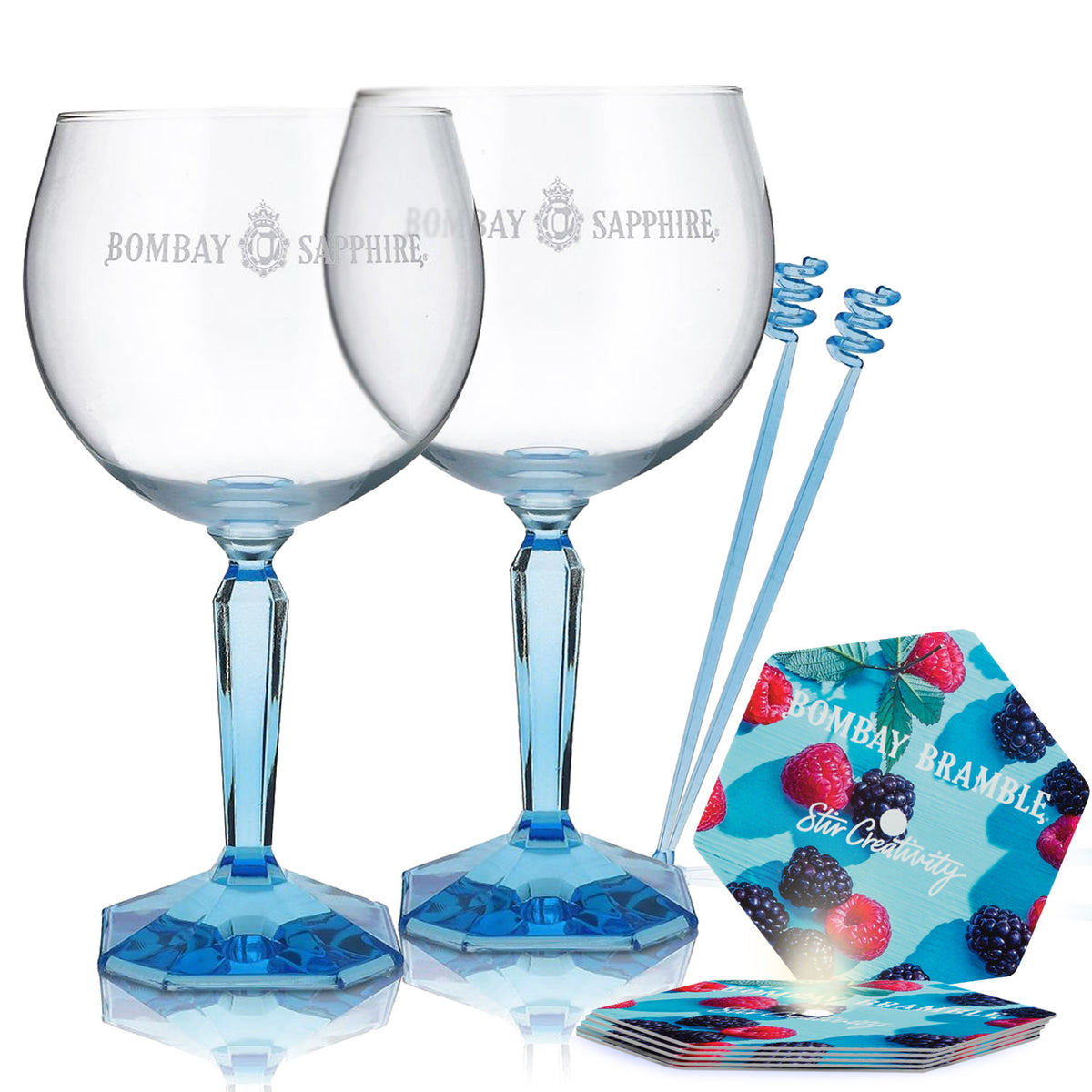 Bombay Sapphire Bar Bundle Set I consisting of balloon glasses, stirrer, and coasters