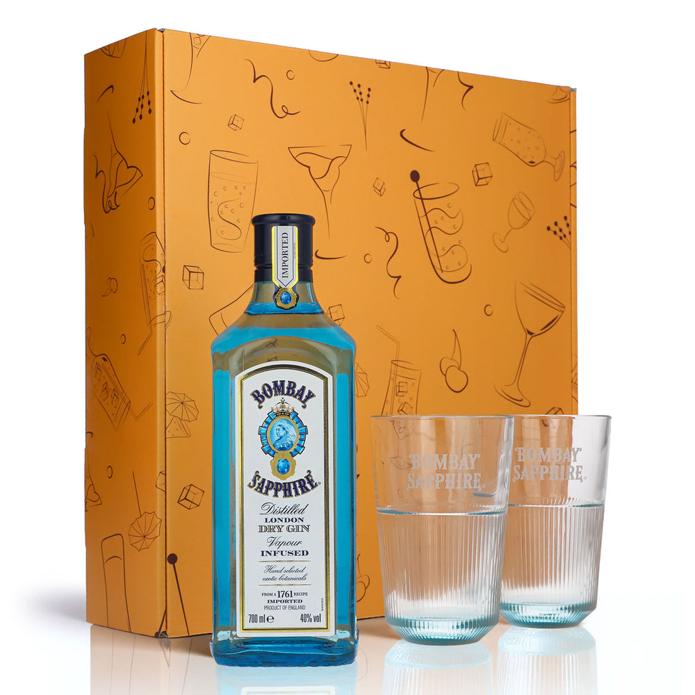 Bombay Sapphire Gin Gift Set 0.7l Bottle 40% Vol. + 2 Longdrink Glasses Relief l Orange