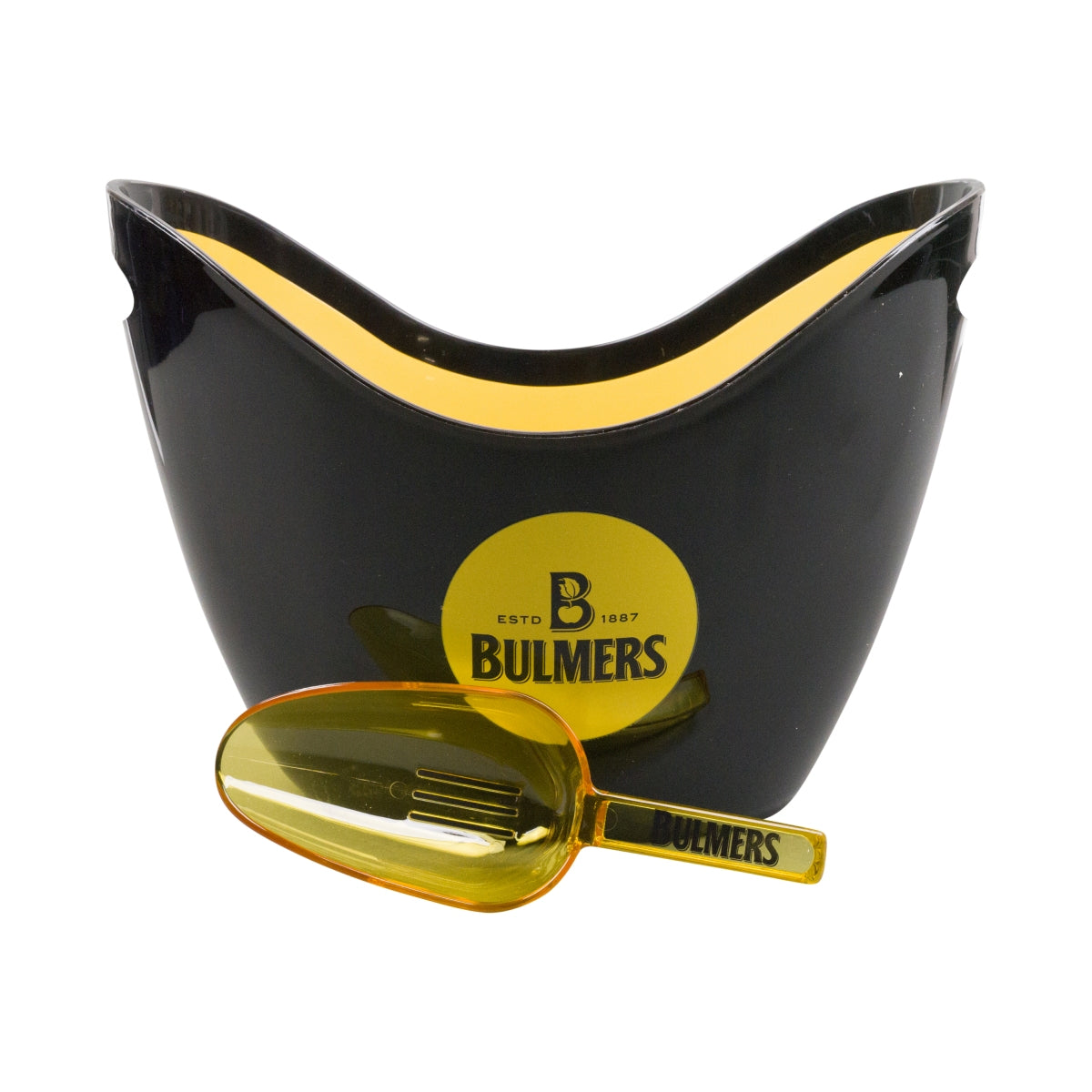Bulmers Whiskey Bottle Cooler Ice Cube Container Black Yellow Open with Scoop