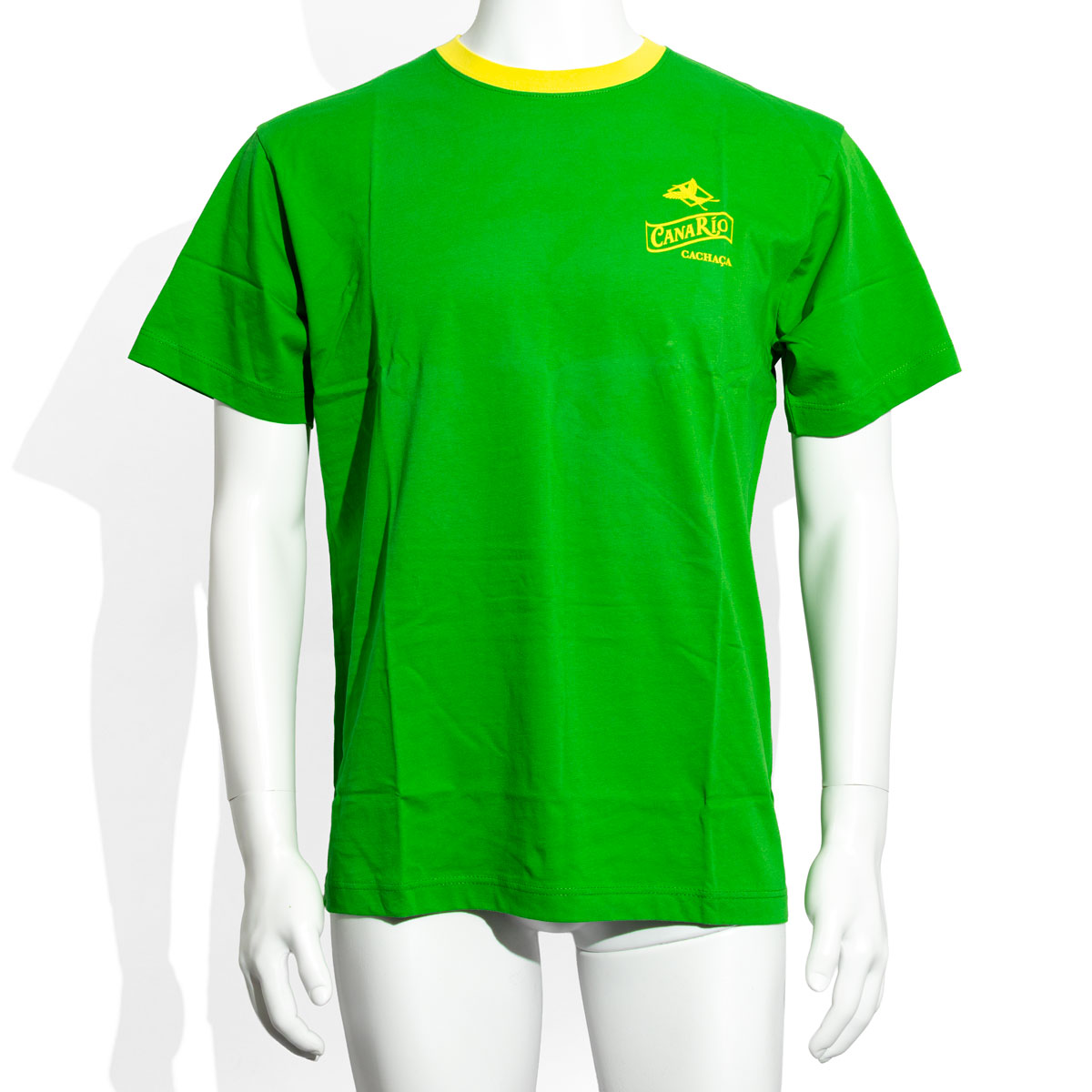 Canario Cachaca T-shirt for men, plain green, round neckline, yellow trim, size M