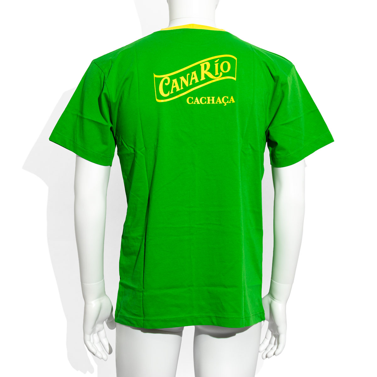 Canario Cachaca T-shirt for men, plain green, round neckline, yellow trim, size M – View 3