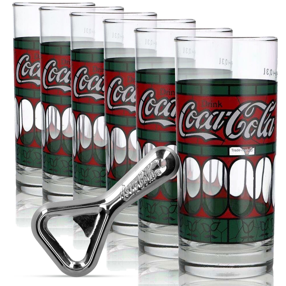 Coca Cola Bar Bundle Set I consisting of 6 Tiffany glasses and a retro bottle opener