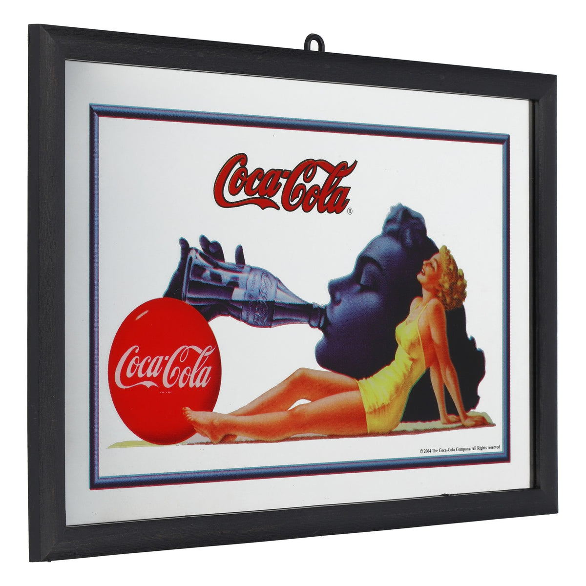 Coca-Cola promotional mirror in a black plastic frame, "Woman of Coca-Cola"