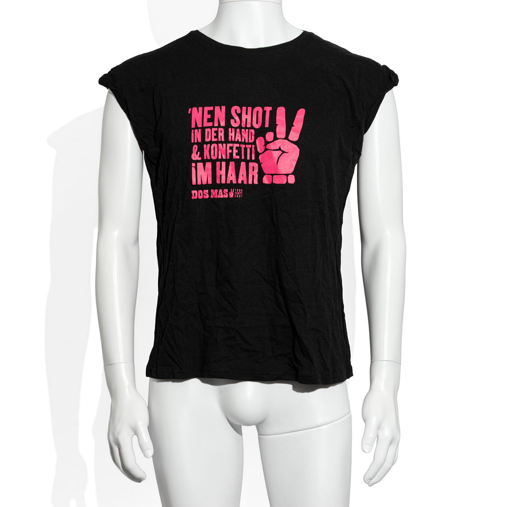 Dos Mas Liqueur T-Shirt Black Pink Lettering Size S/M Girl Shirt "A shot in your hand & confetti in your hair"