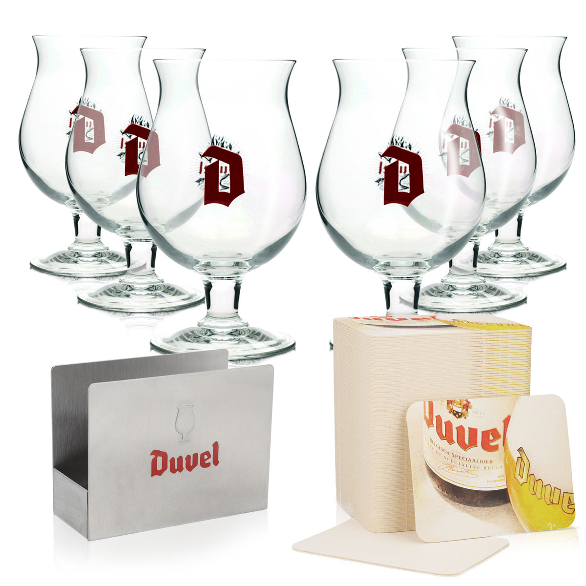Duvel Beer Bar Bundle Set I consisting of 6x beer glasses 0.33l and 80x beer coasters with holder